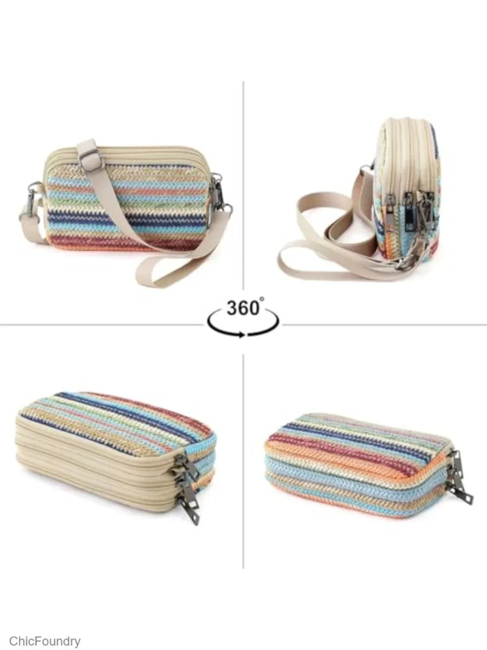 3-Zip Woven Straw Wristlet Crossbody Phone Purse